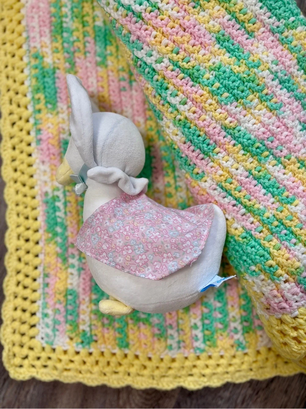 Handmade Crochet Baby Blanket and Eden Duck Plush Set Pastel Baby Shower Nursery